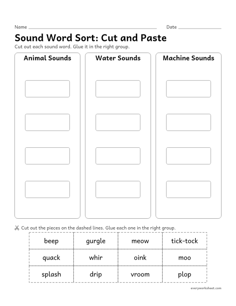 Preview of the printable “Sound word Sort: cut and paste” worksheet: sorting onomatopoeia into animal, water, and machine sounds