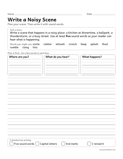Preview of the printable “Write a noisy scene” worksheet: writing a short scene that uses onomatopoeia for sensory detail