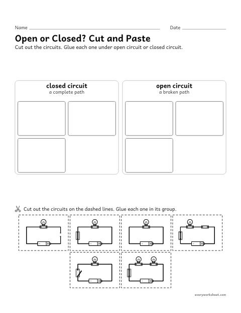 Preview of the printable “Open and closed circuits cut and paste” worksheet: sorting circuits into open and closed circuits