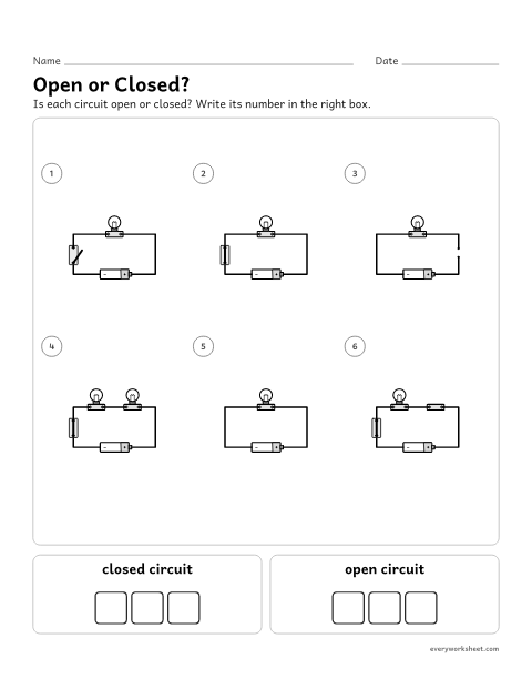 Preview of the printable “Open and closed circuits worksheet (No Cutting)” worksheet: sorting circuits into open and closed circuits