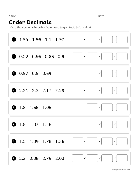 Preview of the printable “Order decimals” worksheet: ordering three or four decimals in tenths and hundredths from least to greatest