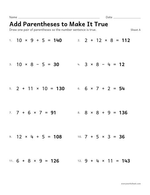 Preview of the printable “Add parentheses to make it True, sheet A” worksheet: placing parentheses to make an equation true