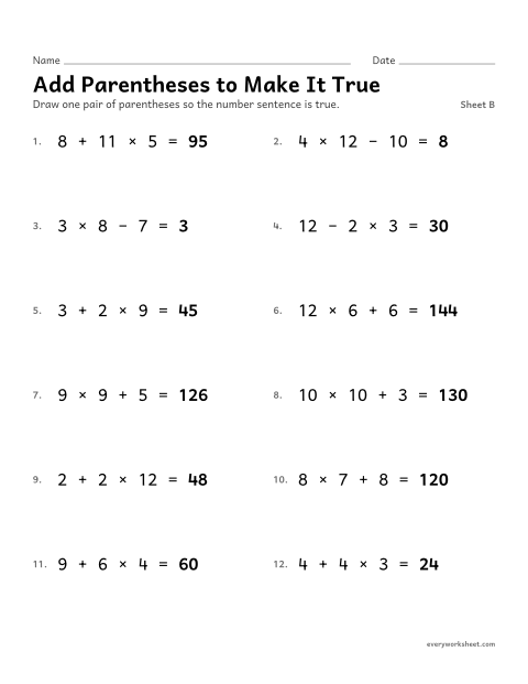 Preview of the printable “Add parentheses to make it True, sheet B” worksheet: placing parentheses to make an equation true