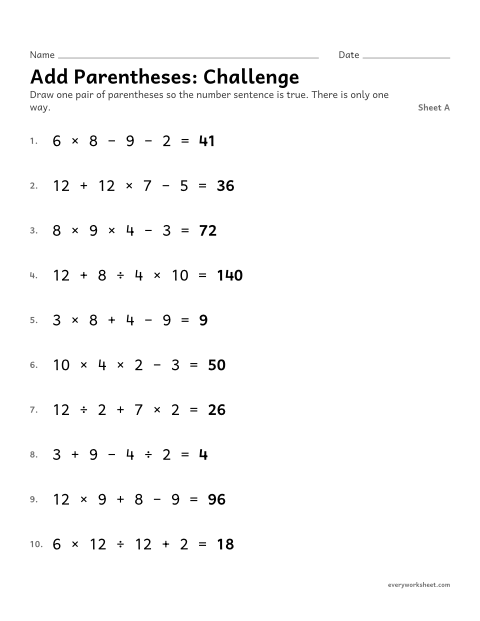 Preview of the printable “Add Parentheses: Challenge, sheet A” worksheet: placing parentheses in a four-number expression