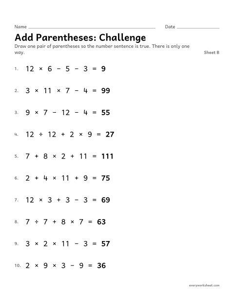 Preview of the printable “Add Parentheses: Challenge, sheet B” worksheet: placing parentheses in a four-number expression