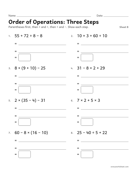 Preview of the printable “Order of Operations: three Steps, sheet B” worksheet: order of operations with three operations