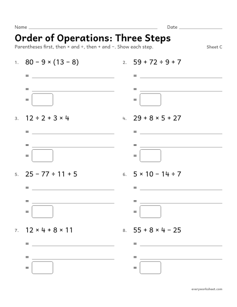 Preview of the printable “Order of Operations: three Steps, sheet C” worksheet: order of operations with three operations