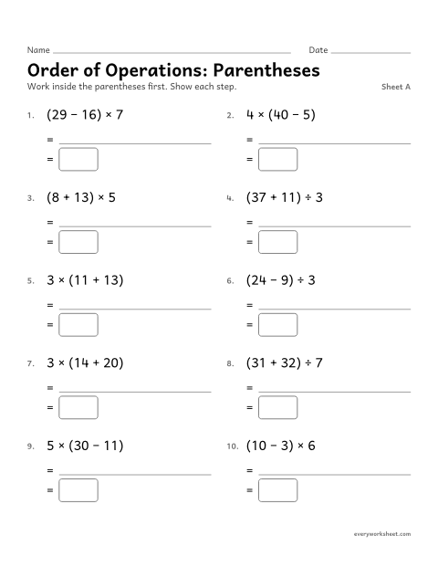 Preview of the printable “Order of Operations: Parentheses, sheet A” worksheet: order of operations with parentheses