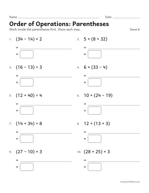 Preview of the printable “Order of Operations: Parentheses, sheet B” worksheet: order of operations with parentheses