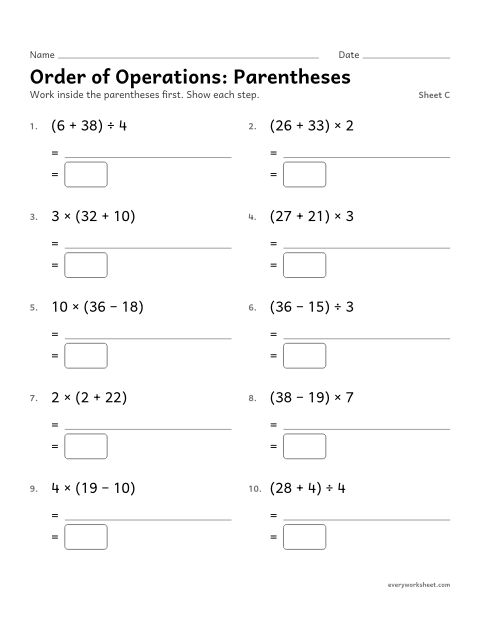 Preview of the printable “Order of Operations: Parentheses, sheet C” worksheet: order of operations with parentheses