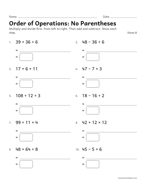 Preview of the printable “Order of Operations: no Parentheses, sheet B” worksheet: order of operations with + − × ÷