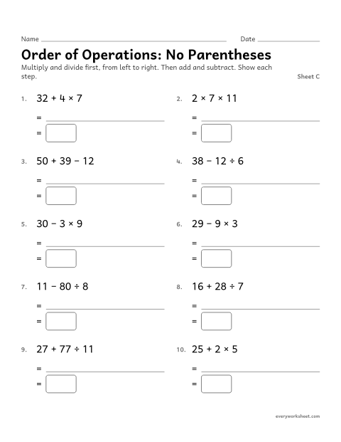 Preview of the printable “Order of Operations: no Parentheses, sheet C” worksheet: order of operations with + − × ÷