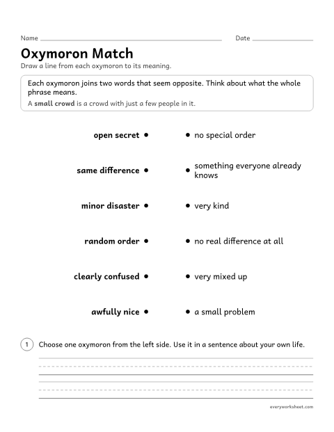 Preview of the printable “Oxymoron match” worksheet: matching oxymorons to their meanings