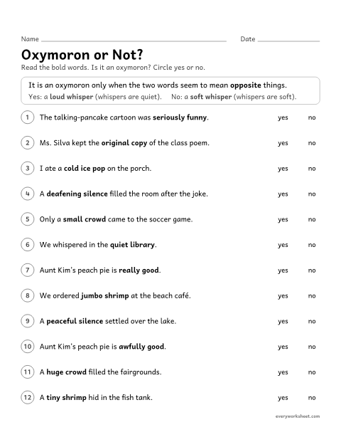 Preview of the printable “Oxymoron or Not?” worksheet: telling oxymorons from word pairs whose words agree