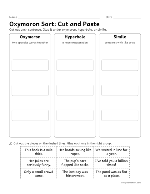 Preview of the printable “Oxymoron Sort: cut and paste” worksheet: sorting sentences into oxymoron, hyperbole, and simile