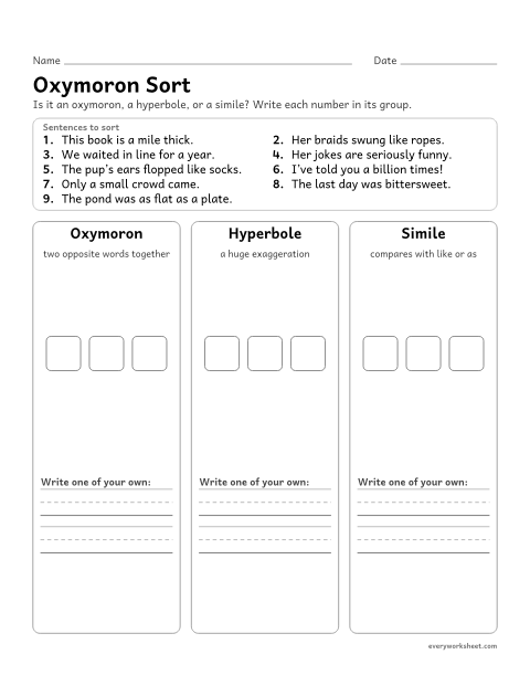 Preview of the printable “Oxymoron sort” worksheet: sorting sentences into oxymoron, hyperbole, and simile