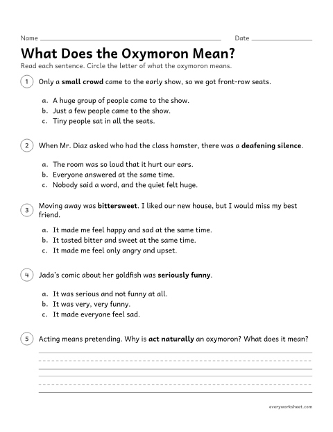 Preview of the printable “What does the oxymoron Mean?” worksheet: using context to tell what an oxymoron means