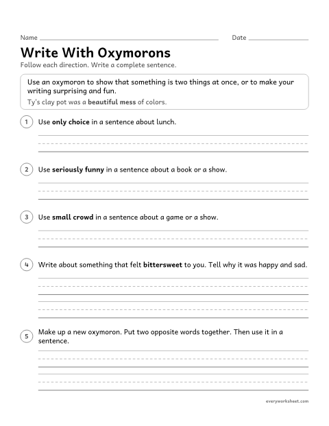 Preview of the printable “Write with oxymorons” worksheet: using common oxymorons in sentences and inventing new ones