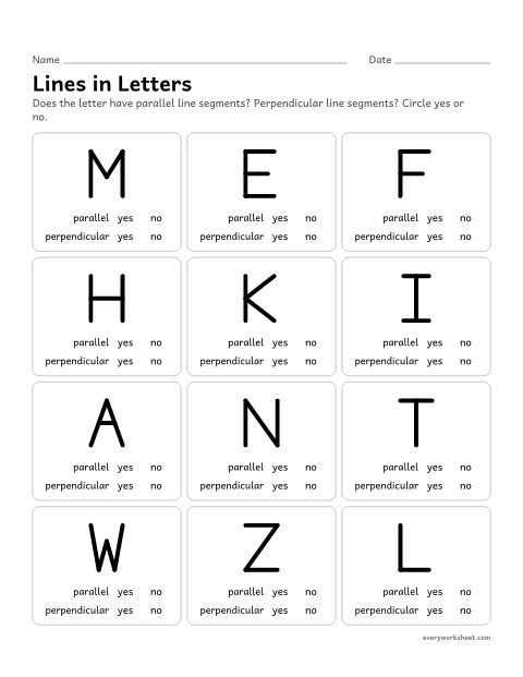 Preview of the printable “Lines in letters” worksheet: finding parallel and perpendicular line segments in capital letters