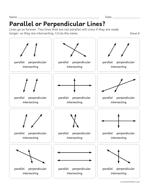 Preview of the printable “Parallel or perpendicular Lines?, sheet B” worksheet: naming turned pairs of lines, including lines that would meet if they were longer