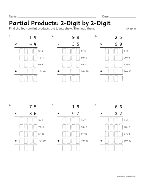 Preview of the printable “Partial Products: 2-Digit by 2-Digit, sheet A” worksheet: multiplying two 2-digit numbers with partial products