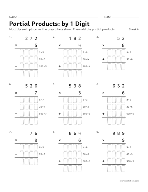Preview of the printable “Partial Products: by 1 Digit, sheet A” worksheet: multiplying with partial products (by a 1-digit number)