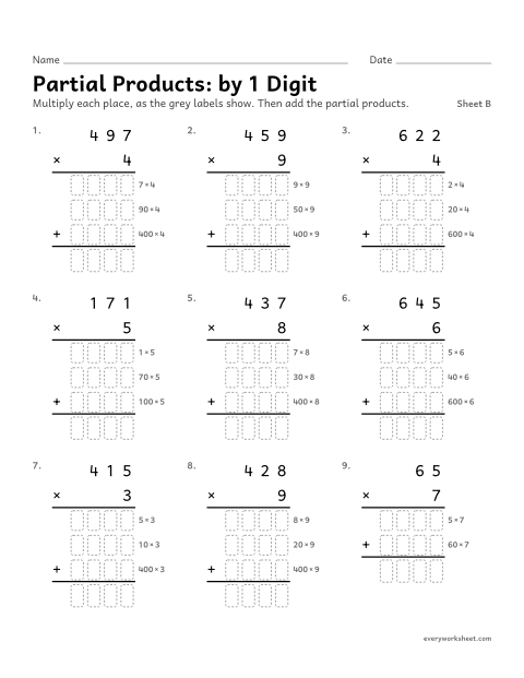 Preview of the printable “Partial Products: by 1 Digit, sheet B” worksheet: multiplying with partial products (by a 1-digit number)