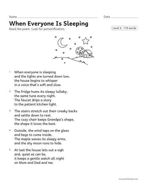 Preview of the printable “When everyone is sleeping” worksheet: explaining personification in a poem