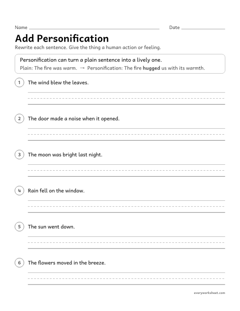 Preview of the printable “Add personification” worksheet: rewriting plain sentences with personification to make them more vivid