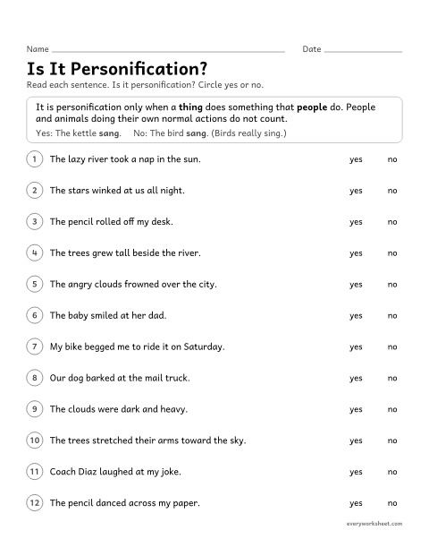 Preview of the printable “Is it Personification?” worksheet: telling personification from sentences where people or animals do what they really do
