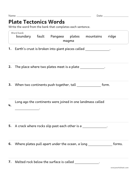 Preview of the printable “Plate tectonics vocabulary worksheet” worksheet: using plate tectonics vocabulary in context