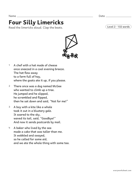 Preview of the printable “Four silly limericks” worksheet: finding the rhyme pattern and beats of limericks, a funny five-line form