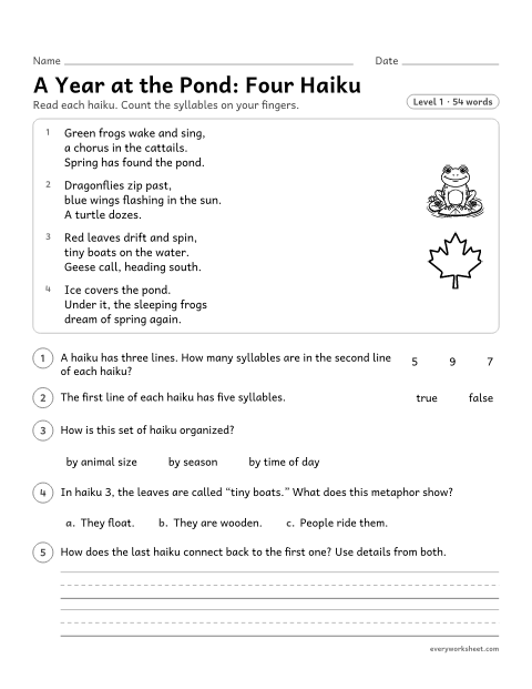 Preview of the printable “A year at the Pond: four haiku” worksheet: counting syllables in haiku and telling how a set of poems is organized