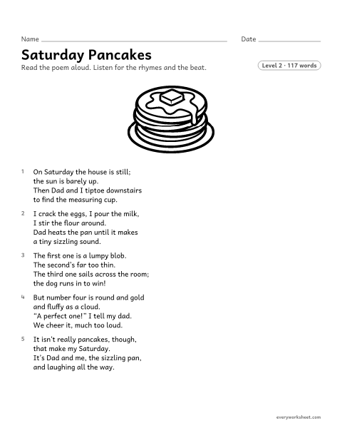 Preview of the printable “Saturday pancakes” worksheet: finding the rhyme pattern, stanzas, and beats (meter) in a rhyming poem