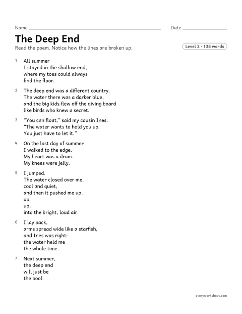 Preview of the printable “The deep end” worksheet: explaining similes and metaphors in a free verse poem and the speaker's change