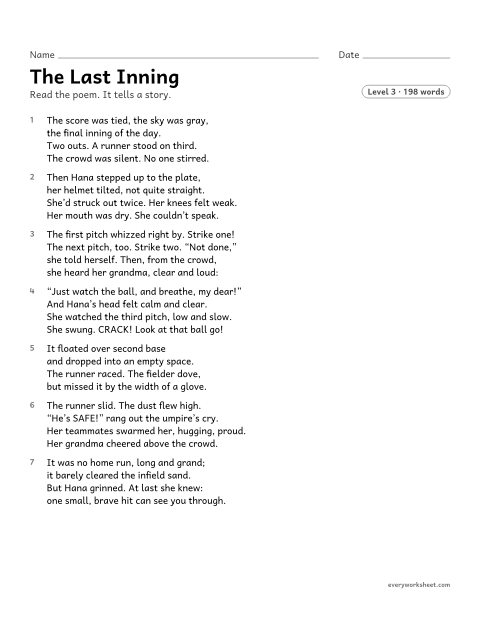 Preview of the printable “The last inning” worksheet: describing the character and events in a narrative poem with rhyming couplets