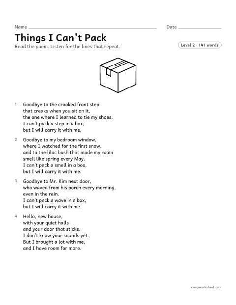 Preview of the printable “Things I Can't pack” worksheet: finding the theme of a poem with a repeated refrain