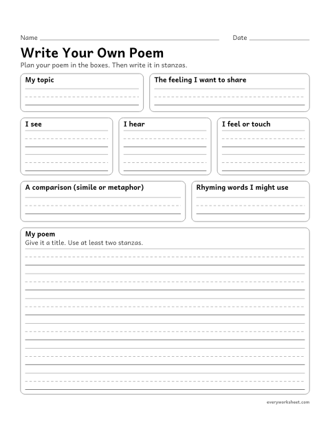 Preview of the printable “Write your own poem” worksheet: planning and writing an original poem with sensory details, a comparison, and stanzas