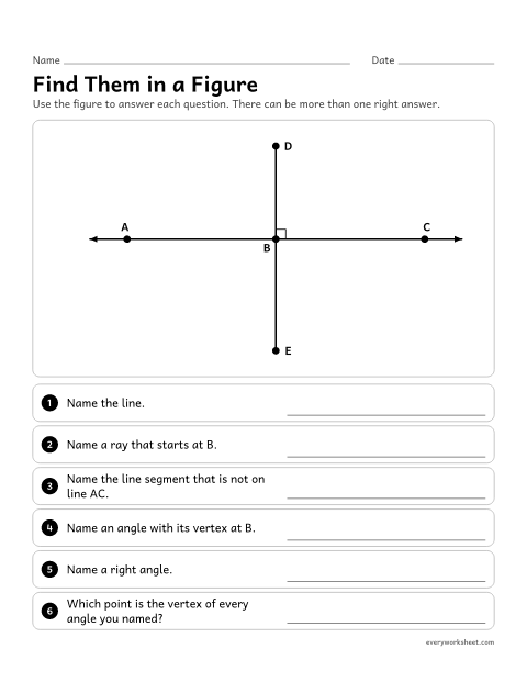 Preview of the printable “Find them in a figure” worksheet: finding and naming lines, rays, line segments and angles in one figure