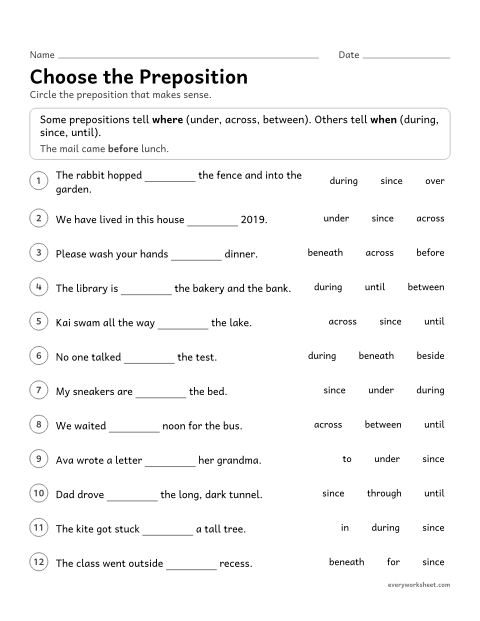 Preview of the printable “Choose the preposition” worksheet: choosing a preposition that fits the meaning of a sentence