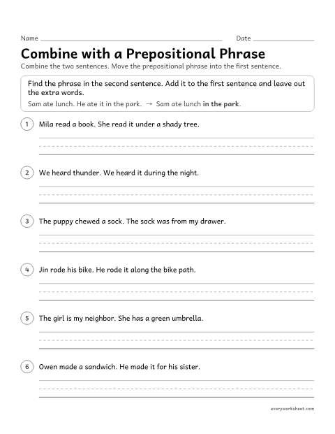 Preview of the printable “Combine with a prepositional phrase” worksheet: combining sentences by moving a prepositional phrase