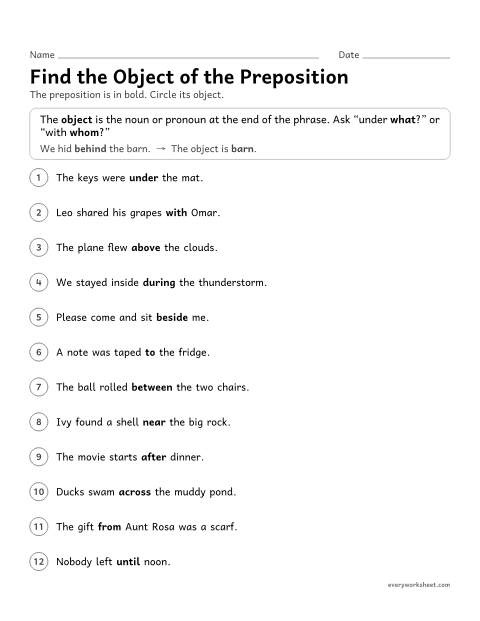 Preview of the printable “Find the object of the preposition” worksheet: finding the object of a preposition