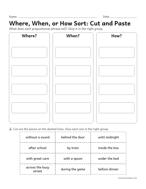 Preview of the printable “Where, When, or how Sort: cut and paste” worksheet: sorting prepositional phrases that tell where, when, and how (cut and paste)