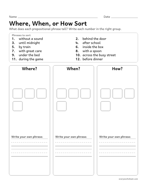 Preview of the printable “Where, When, or how sort” worksheet: sorting prepositional phrases that tell where, when, and how