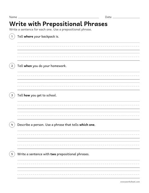 Preview of the printable “Write with prepositional phrases” worksheet: writing sentences with prepositional phrases