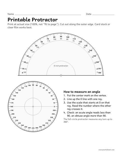 Preview of the printable “Printable protractor” worksheet: a 6 inch half-circle protractor and a full-circle protractor to print at actual size and cut out