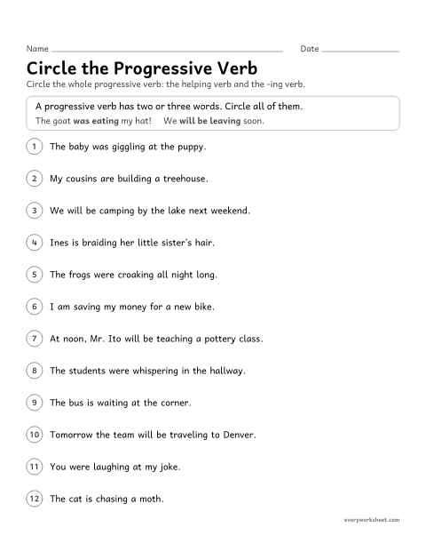 Preview of the printable “Circle the progressive verb” worksheet: finding progressive verbs, including the helping verb