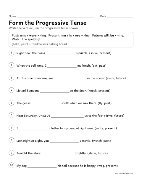 Preview of the printable “Form the progressive tense” worksheet: forming the past, present, and future progressive tenses