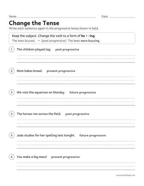 Preview of the printable “Change the tense” worksheet: rewriting sentences in the past, present, and future progressive