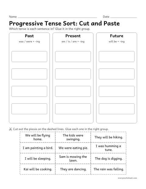 Preview of the printable “Progressive tense Sort: cut and paste” worksheet: sorting sentences into past, present, and future progressive (cut and paste)